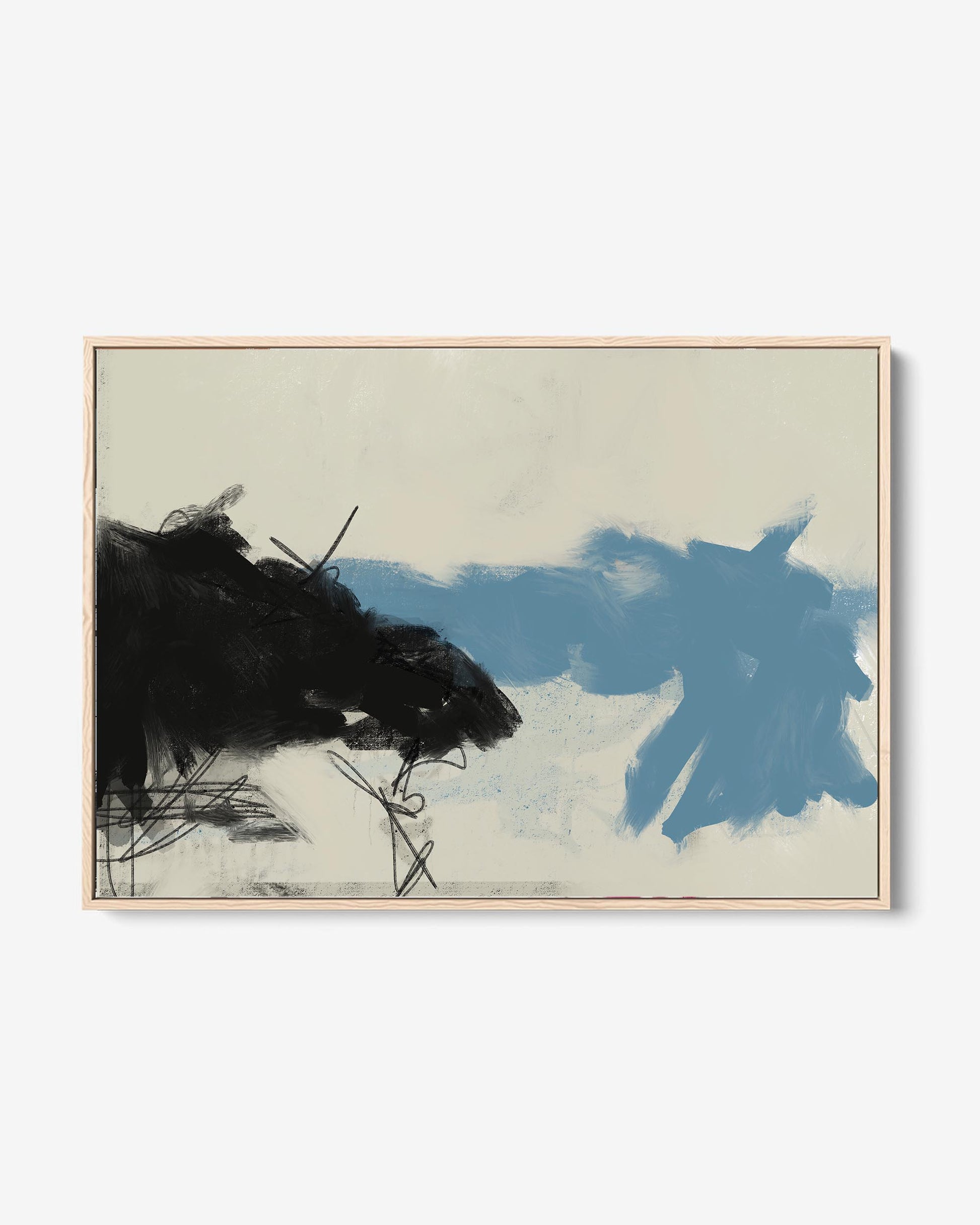 A framed canvas featuring a neutral abstract painting with black, white, and blue tones, presented in a simple wooden frame.