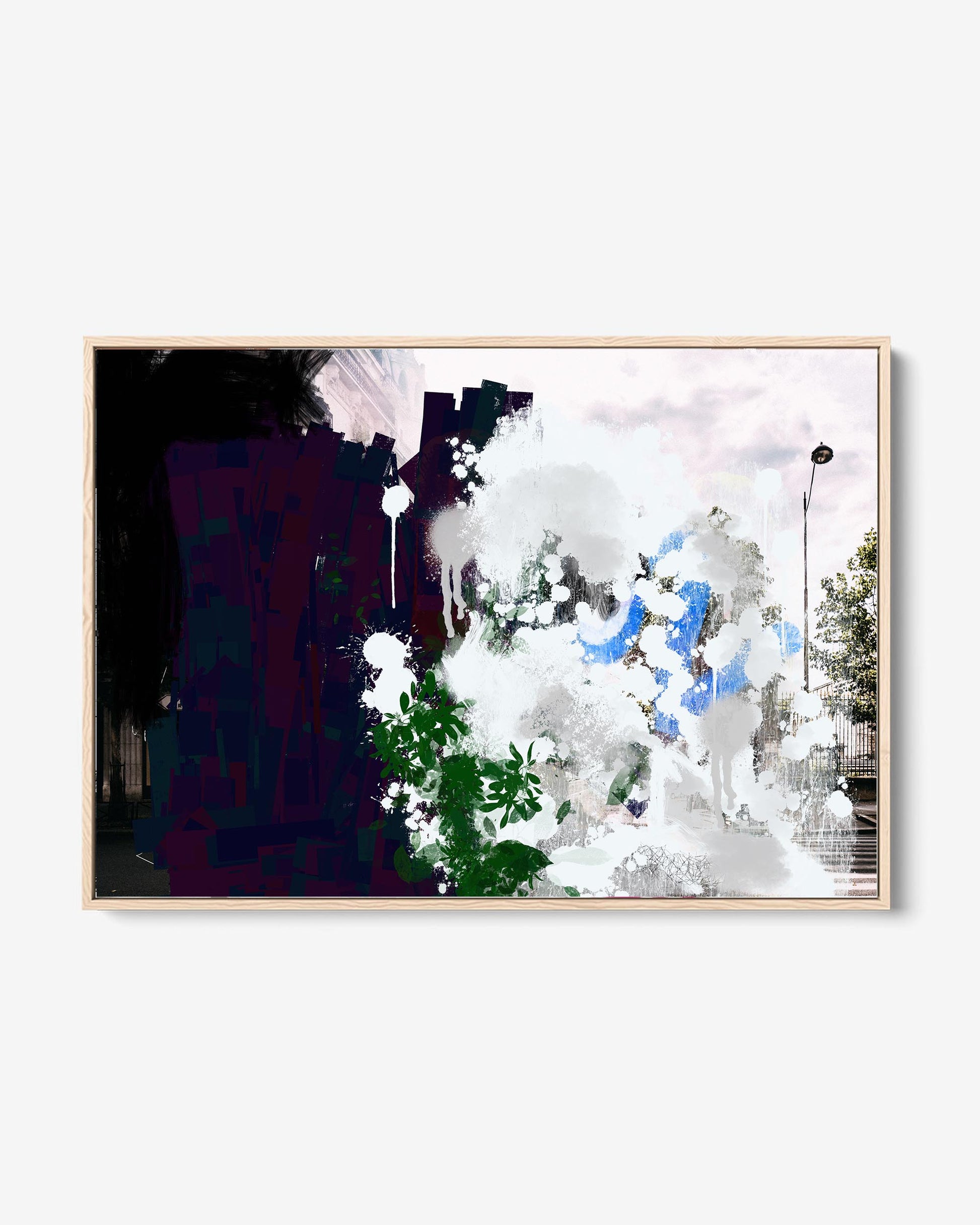 A framed canvas with an abstract city park print, featuring a blend of neutral tones with striking painterly strokes in blue and green.