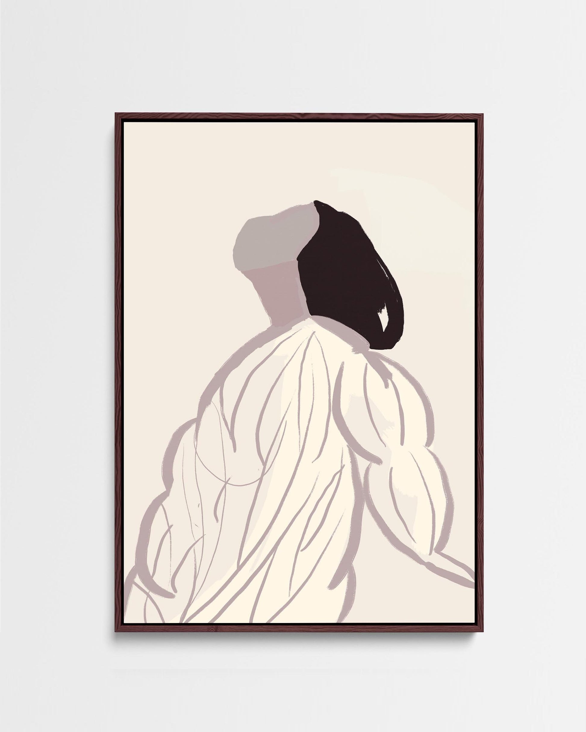 A framed canvas art print depicting a hand-drawn portrait of a daydreaming girl, with a soft beige background and taupe, grey, and black colors.