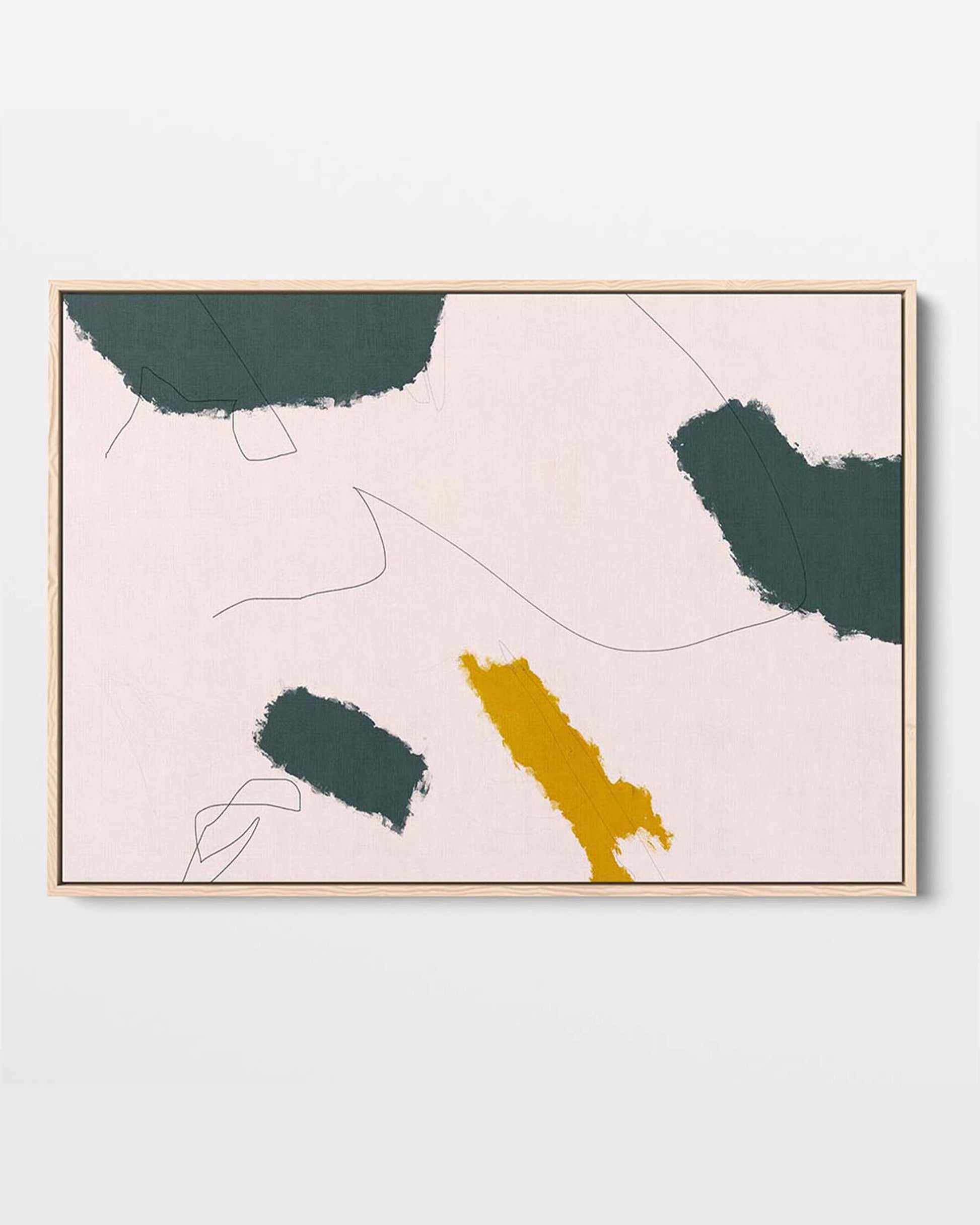 A framed canvas featuring a neutral abstract painting with striking lines in green and yellow tones, displayed against a white background.