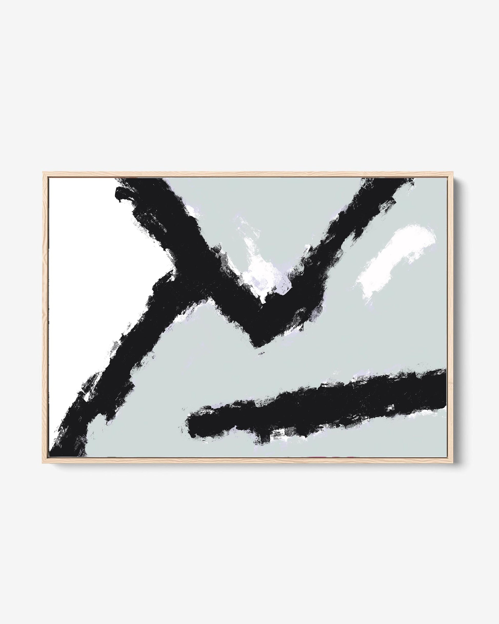 A framed canvas with a modern abstract design, featuring black and white lines, mounted on a wall.