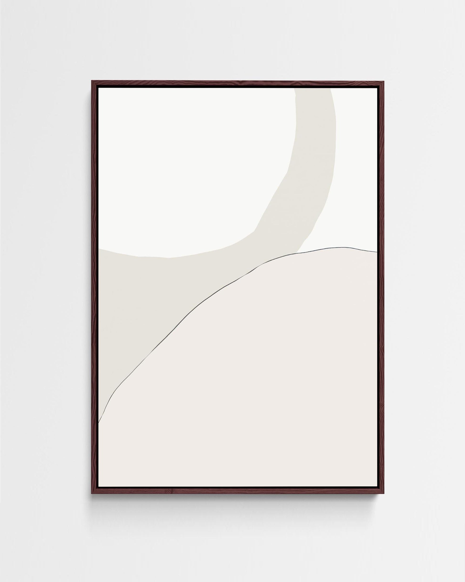 A framed canvas featuring an abstract design with neutral beige and cream palette, with organic curved shapes.