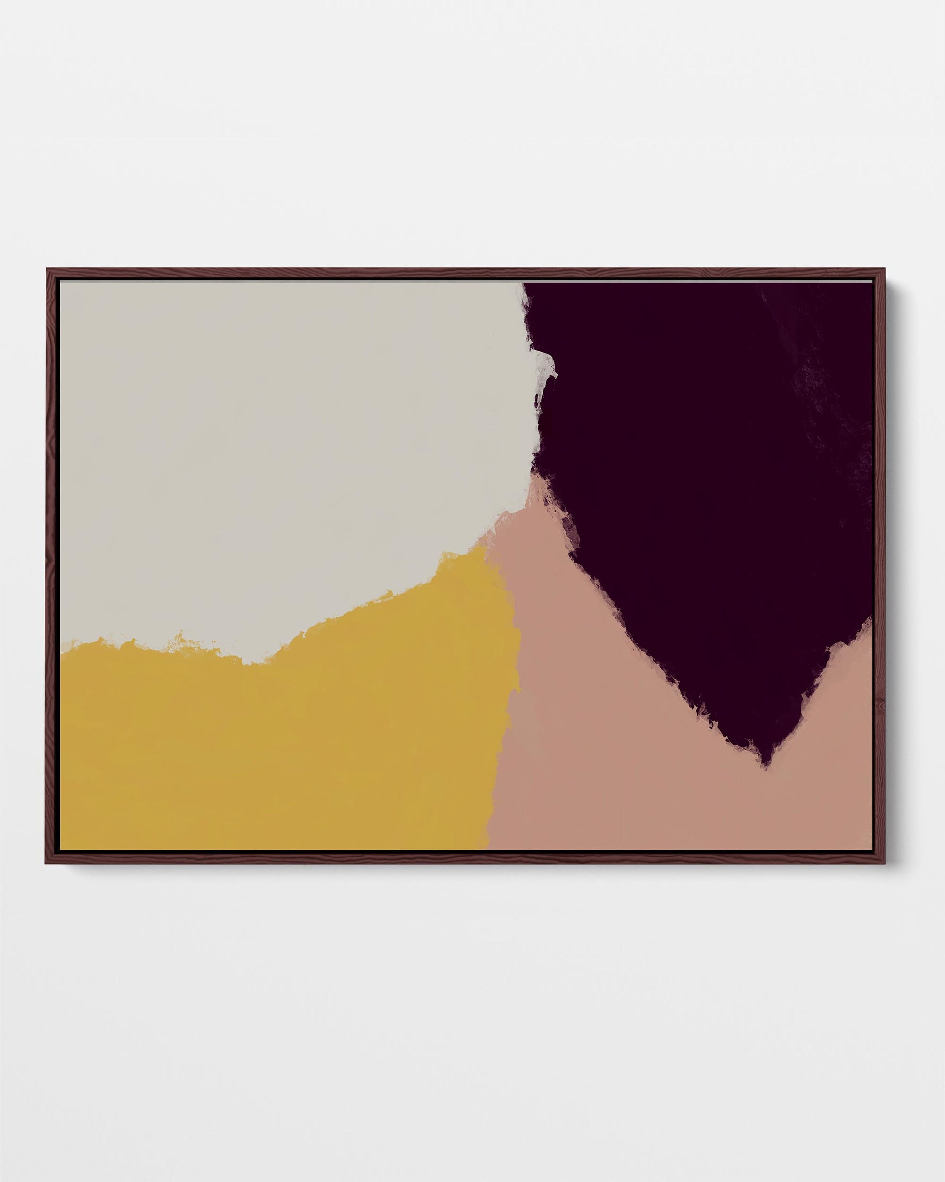 A modern abstract canvas painting featuring geometric shapes in plum, yellow, peach, and white hues, framed in a dark color.
