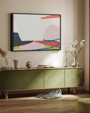 unique abstract canvas art with colourful design on a wall above sideboard