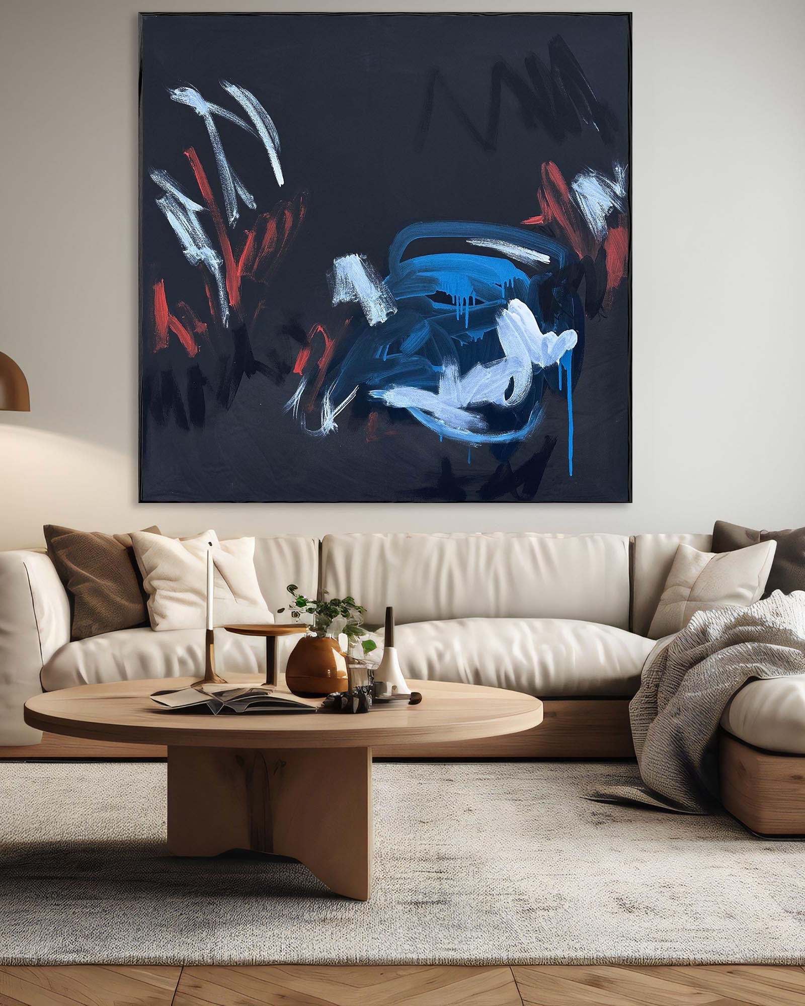 Extra large abstract expressionist painting above a beige sofa in a modern living room