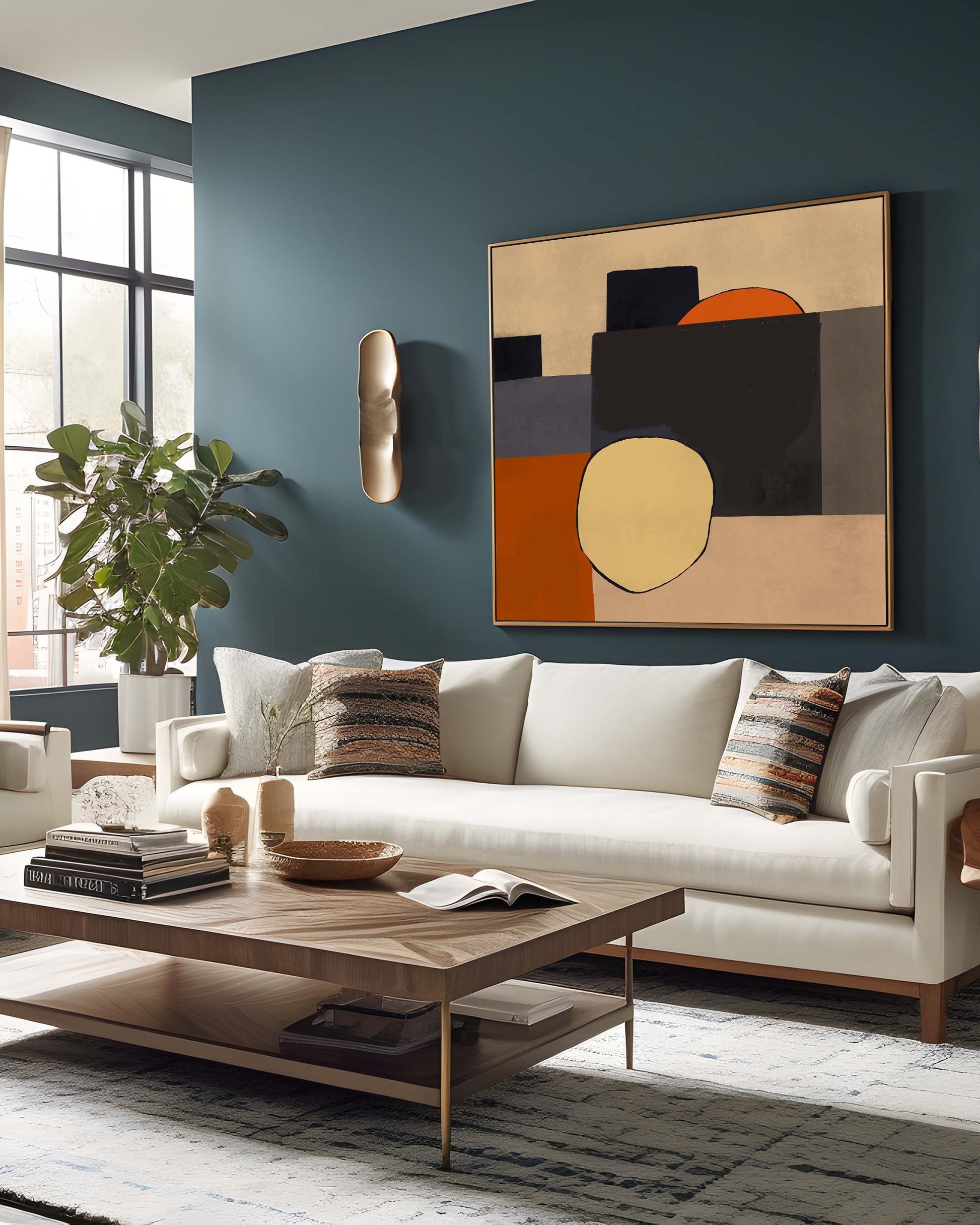 large mid century modern abstract canvas art on a wall above a white sofa in modern living room