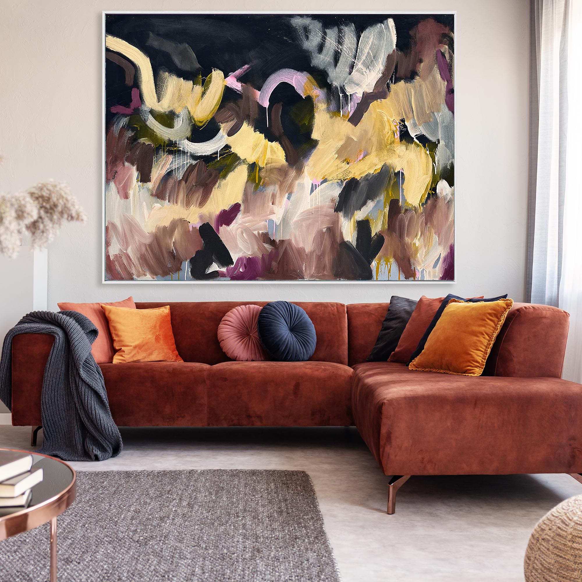 Extra Large Abstract Painting Above Sofa In Living Room