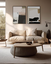 extra large framed neutral abstract canvas art above sofa in living room