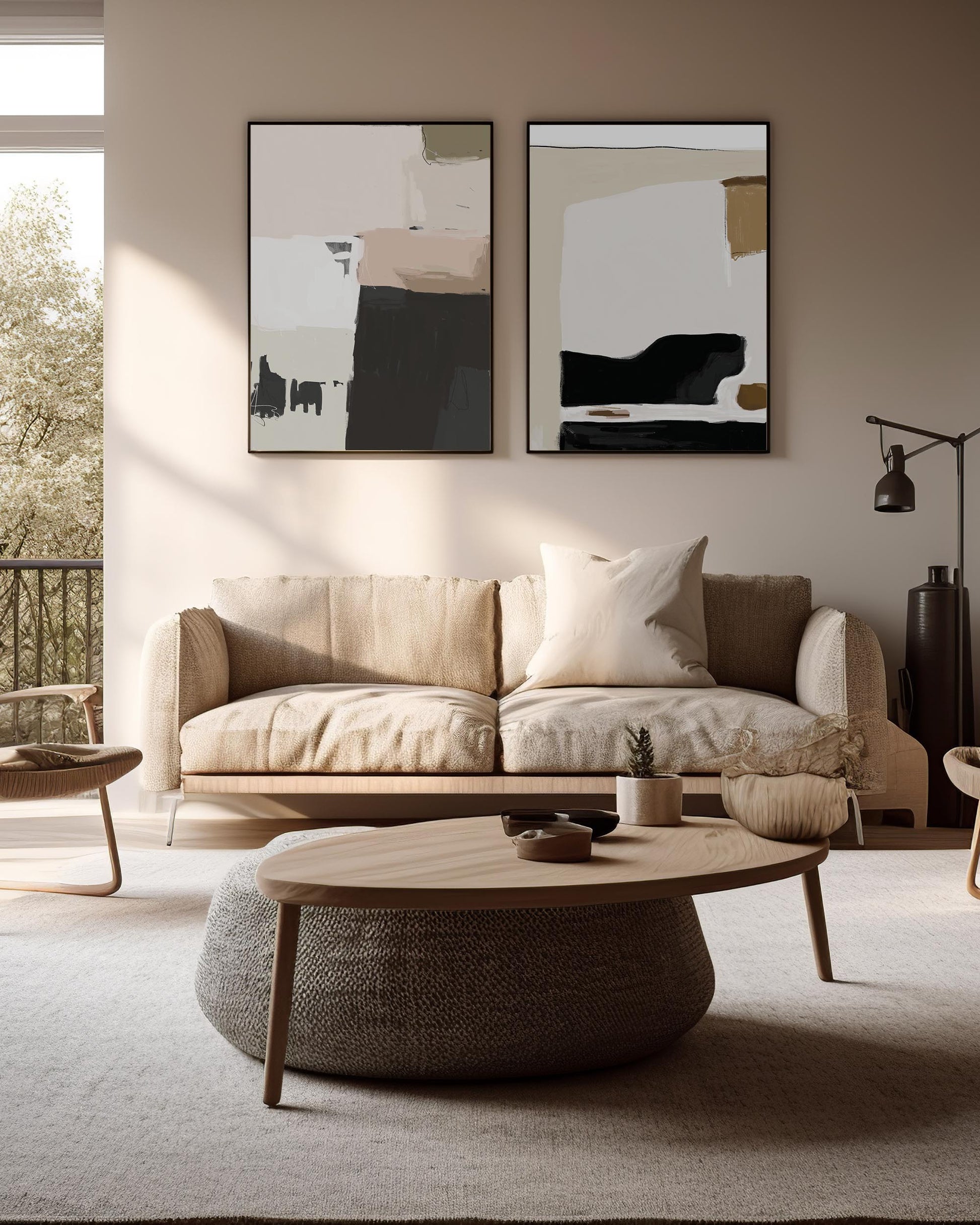 extra large framed neutral abstract canvas art above sofa in living room