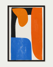 Abstract art print with orange and blue shapes on a white background