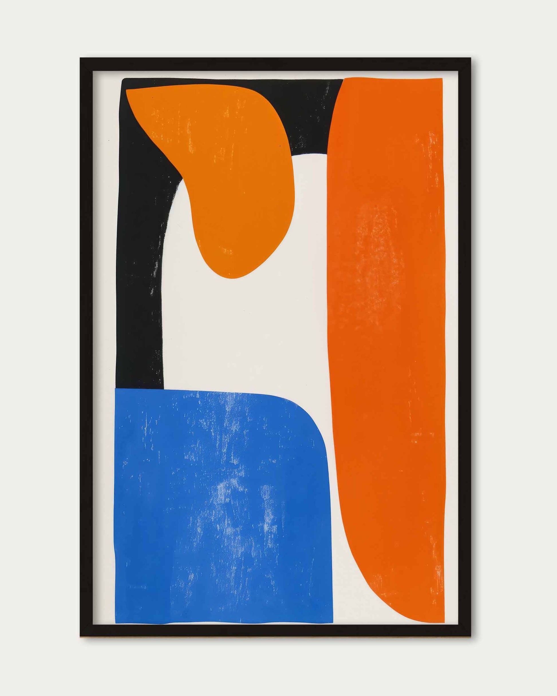 Abstract art print with orange and blue shapes on a white background