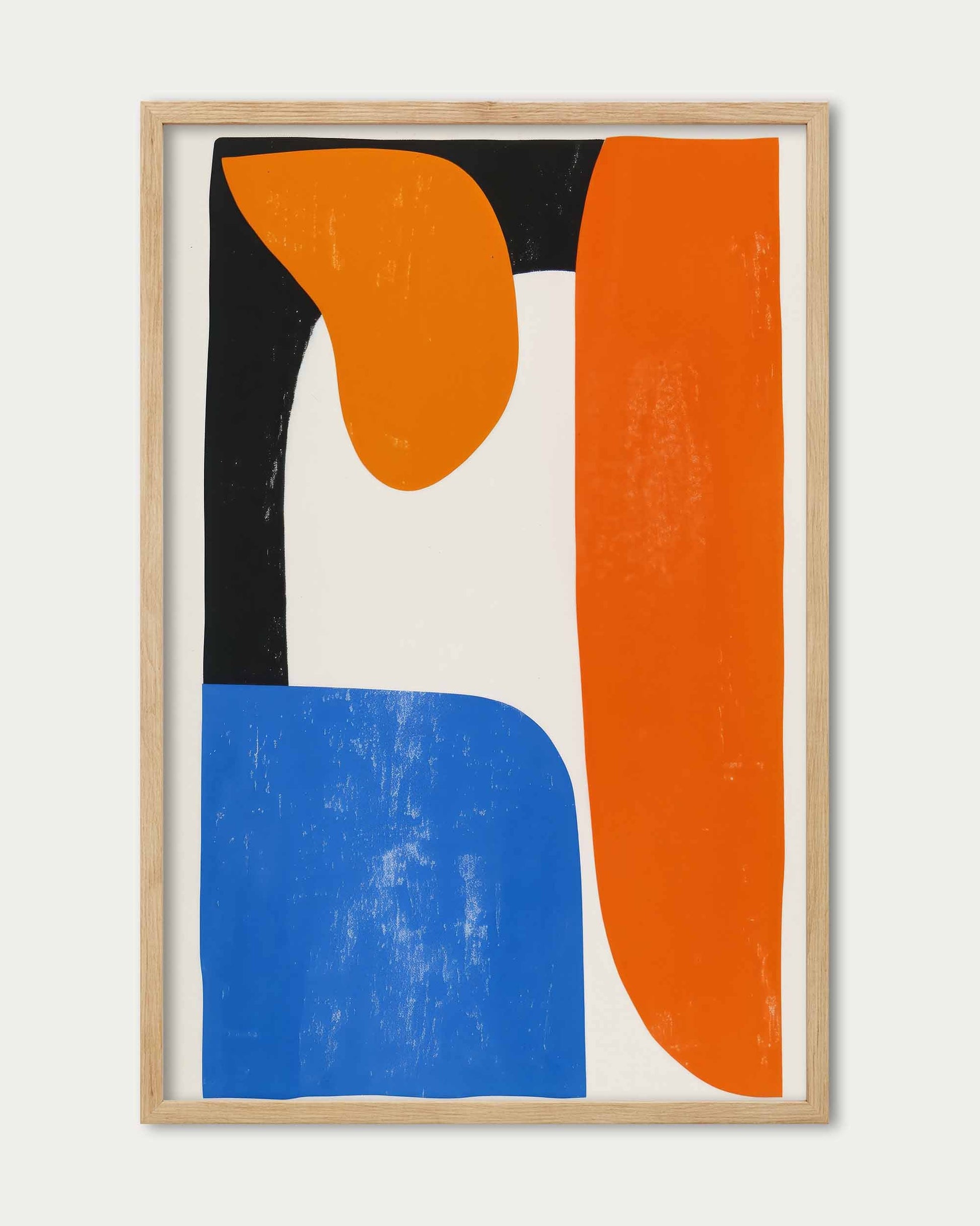 Abstract art print with orange, blue, and black shapes in a wooden frame on a white background