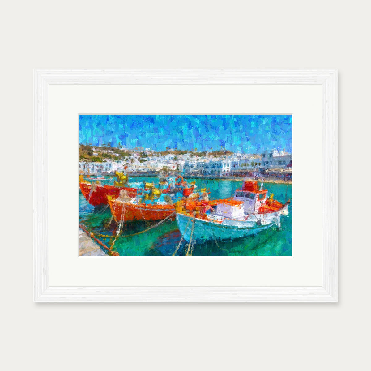 Fishing Boats In Portuguese Port Art Print — 30 x 40 cm — White Frame