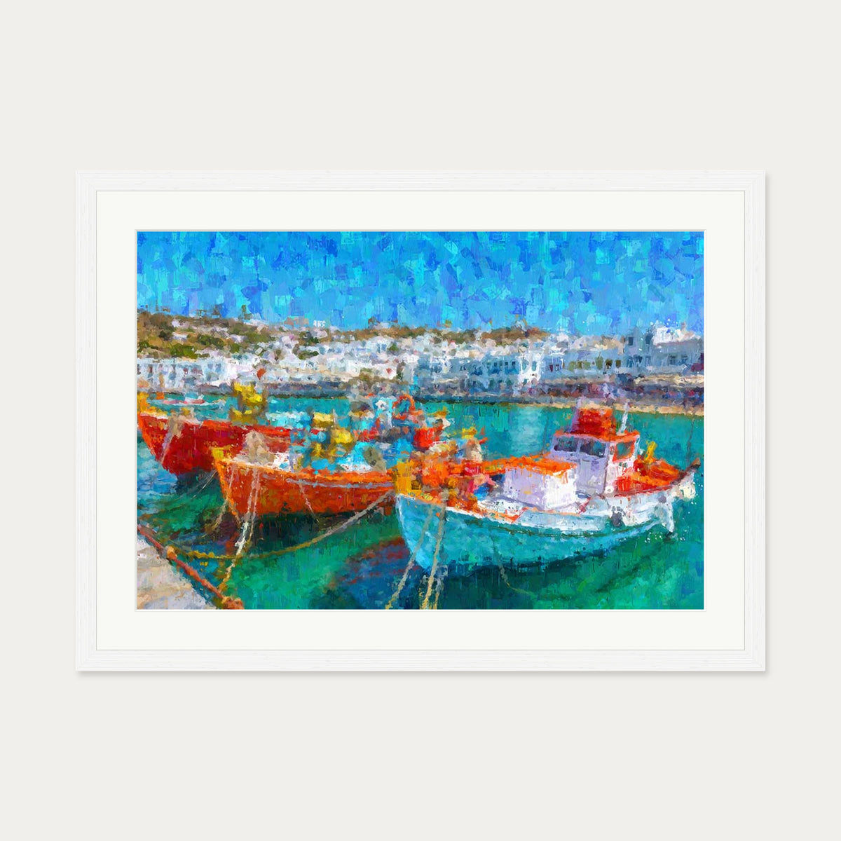 Fishing Boats In Portuguese Port Art Print — 50 x 70 cm — White Frame