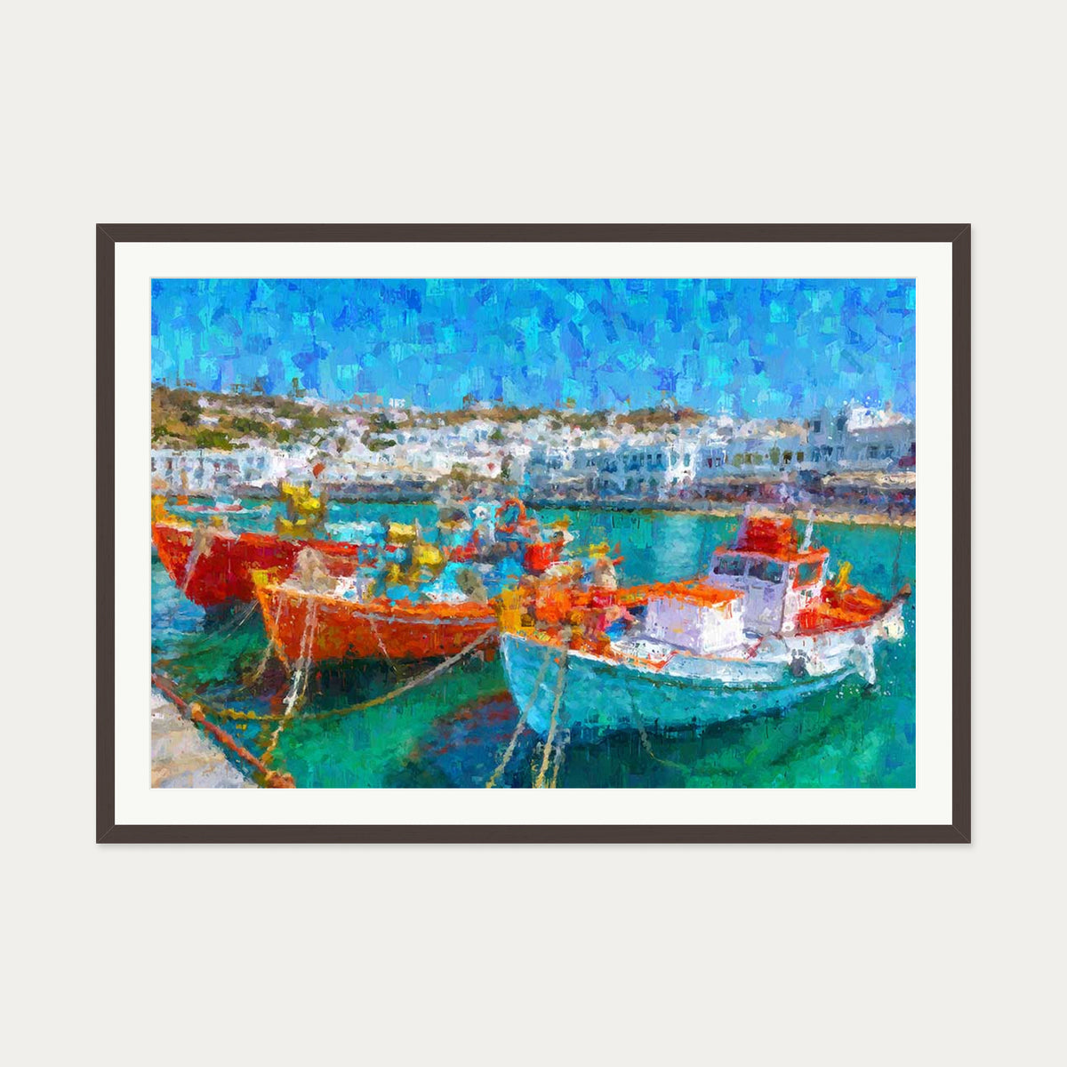 Fishing Boats In Portuguese Port Art Print — 70 x 100 cm — Brown Frame