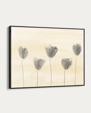 Framed artwork of stylized tulips on a beige background