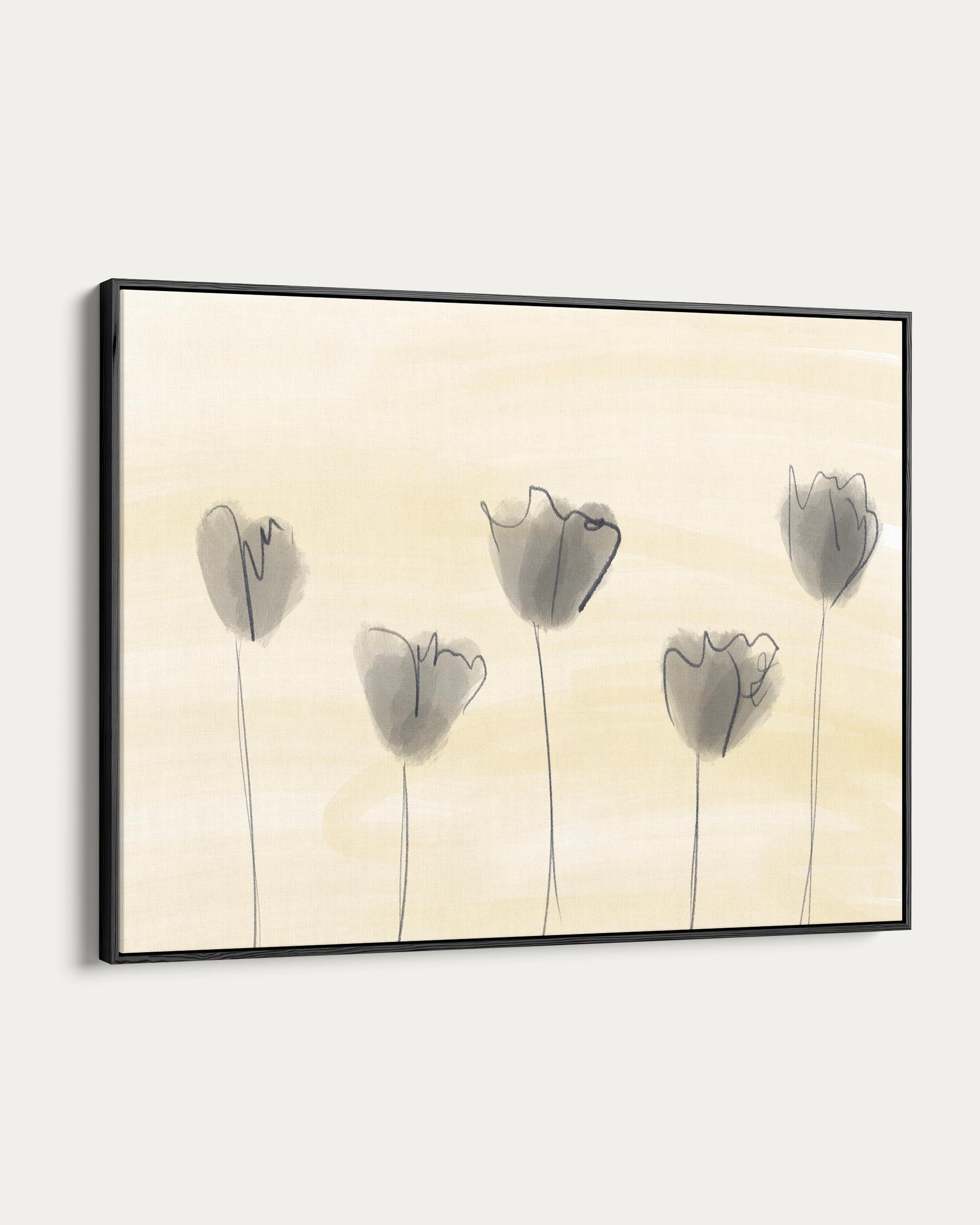 Framed artwork of stylized tulips on a beige background