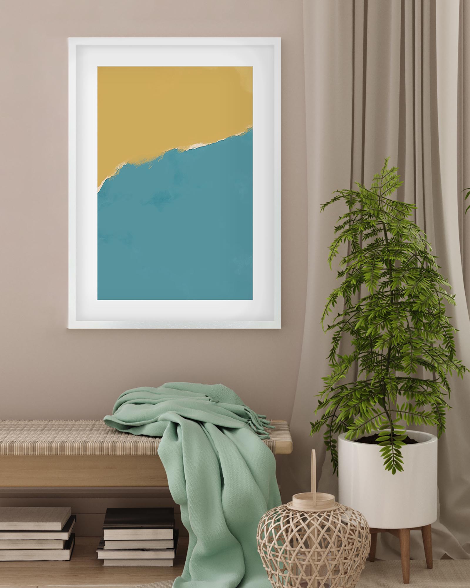 Framed abstract art piece with yellow and blue colors in a room with a plant and bench.