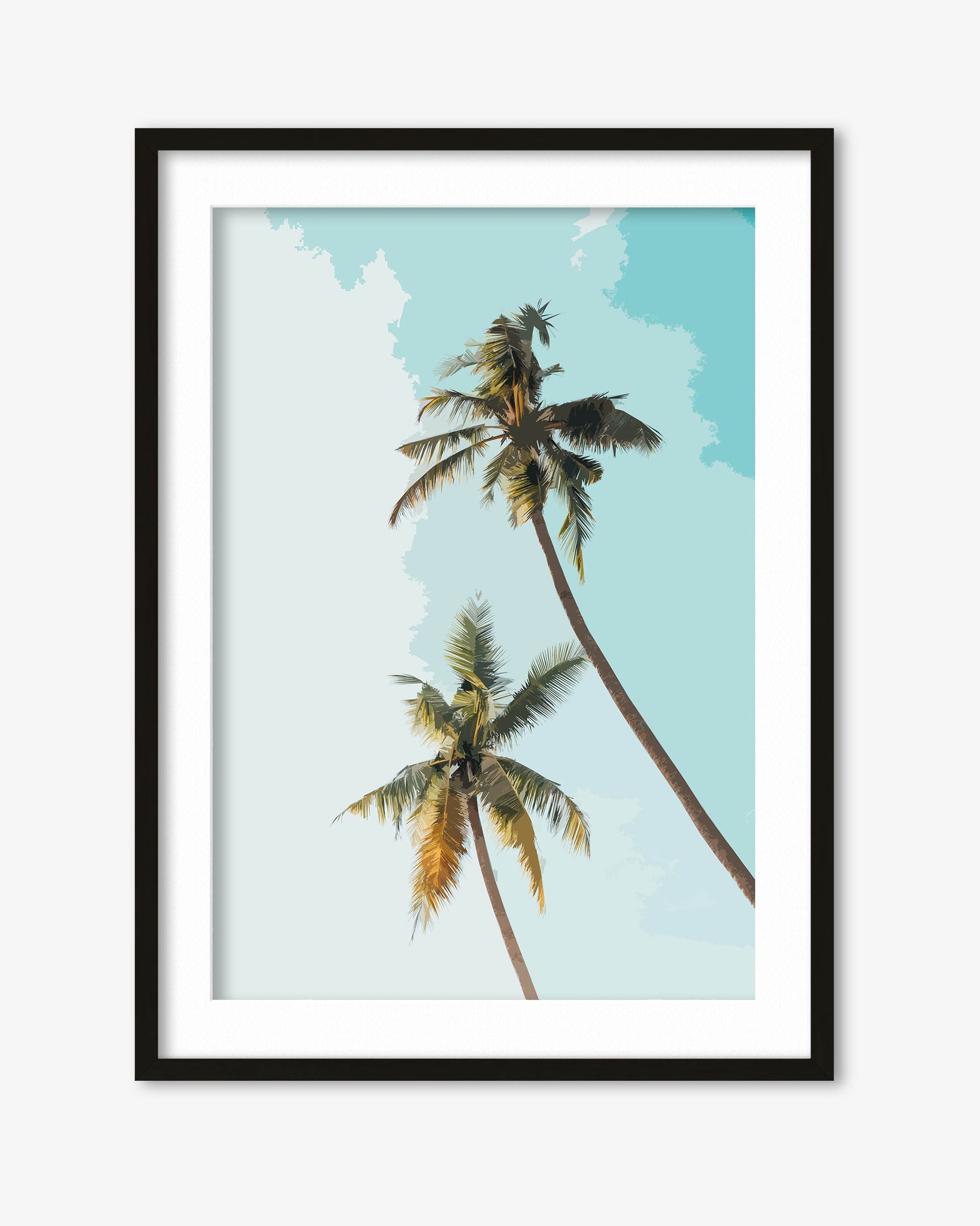 Framed artwork of two palm trees against a blue sky with white clouds.