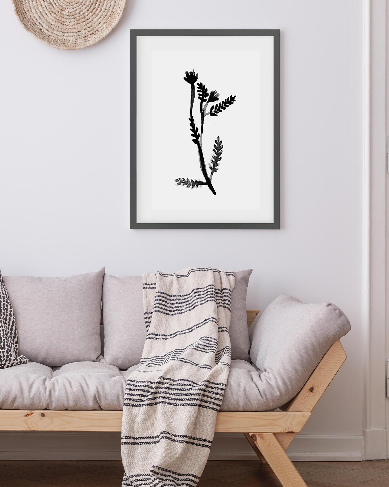 Framed black and white botanical art above a sofa with a striped blanket.