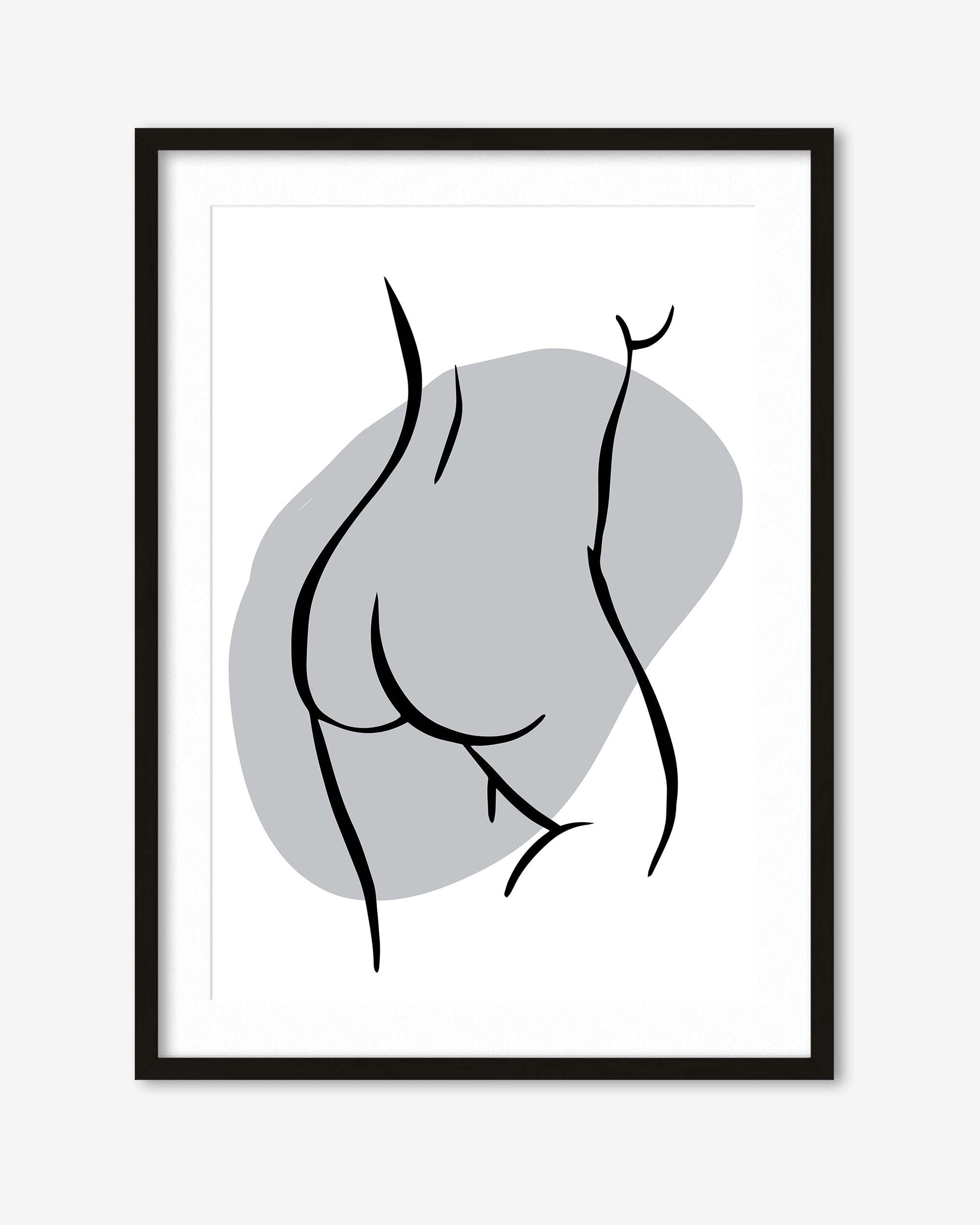 Framed abstract art print with black line drawing on a gray background