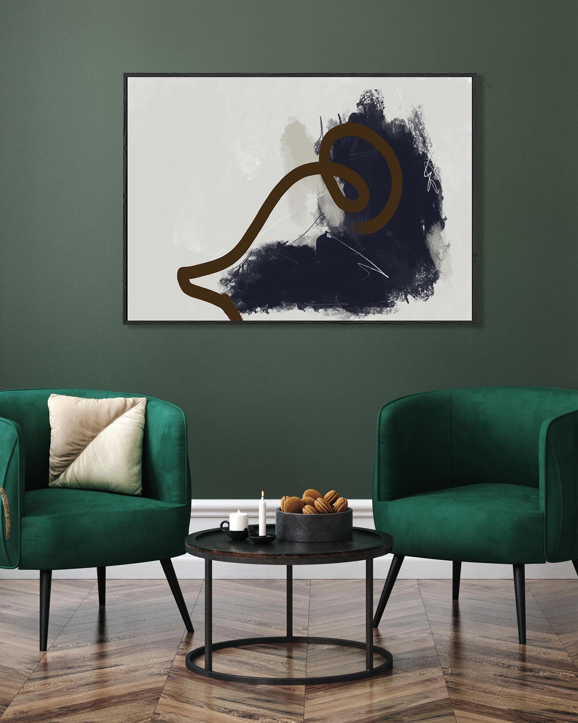 Modern living room with green chairs, a coffee table, and abstract art on the wall.