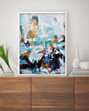 Abstract painting on a wall above a wooden cabinet with decorative items.