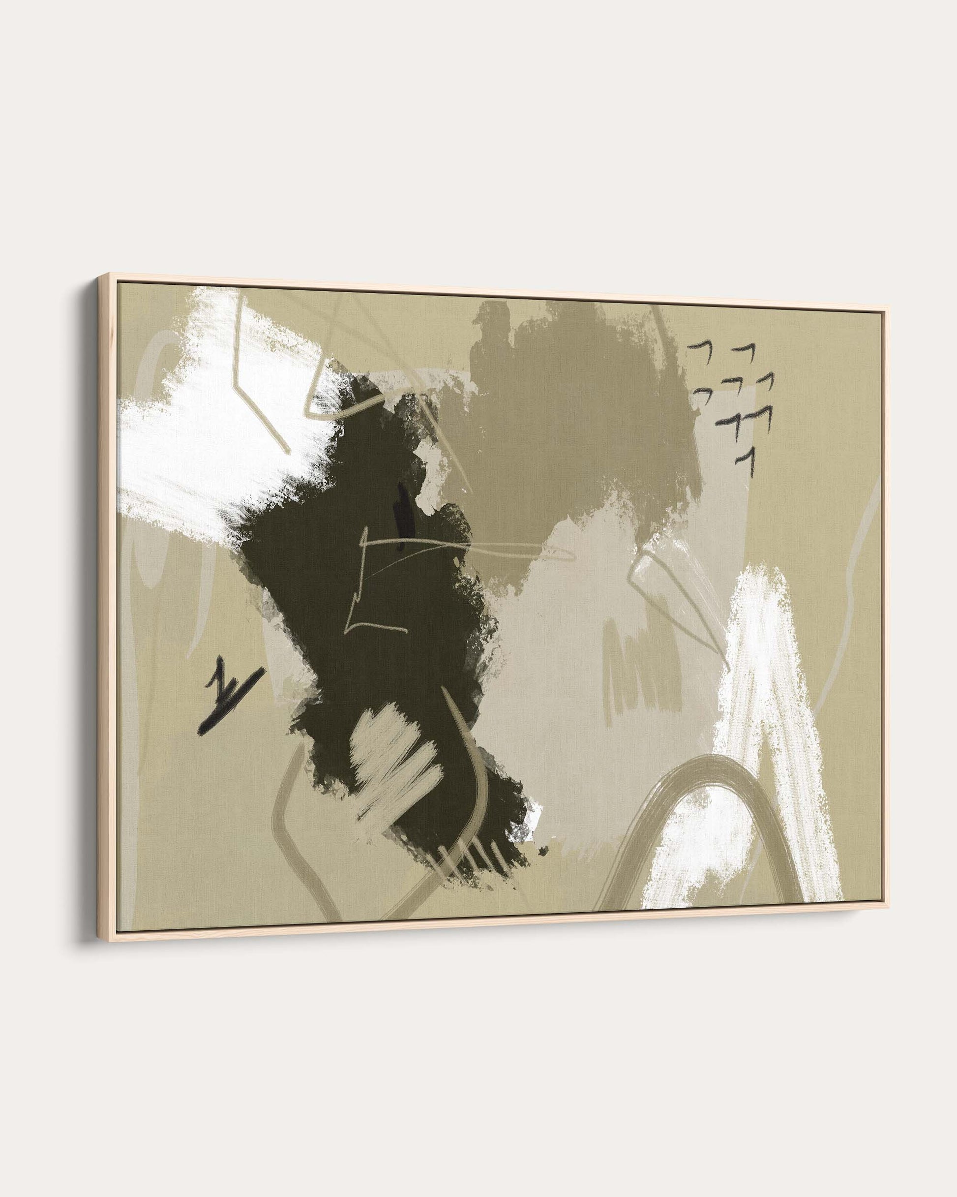 Abstract art piece with black and white brush strokes on a beige background