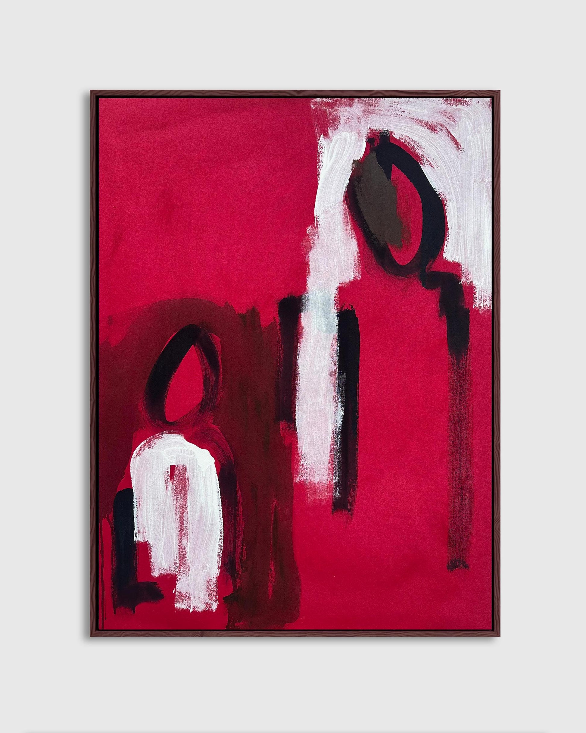Framed red striking figurative abstract painting. Featuring a magenta pink red colour scheme with white brush strokes and black abstract figurative shapes.