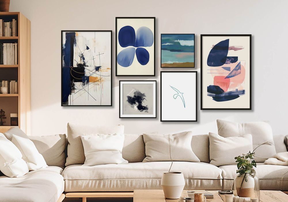 Living room with a white sofa and abstract art on the wall