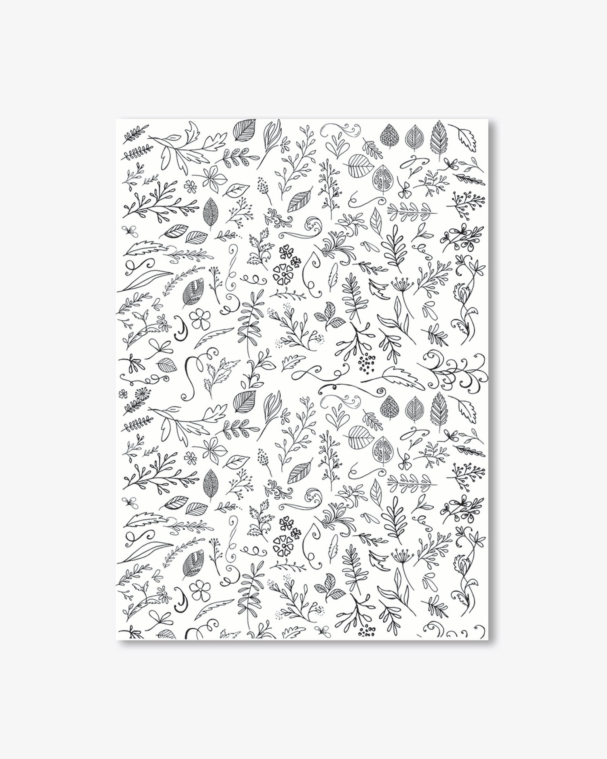 Pattern of black leaves and branches on a white background