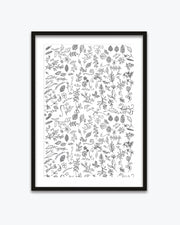 Framed artwork with black and white floral pattern on a white background