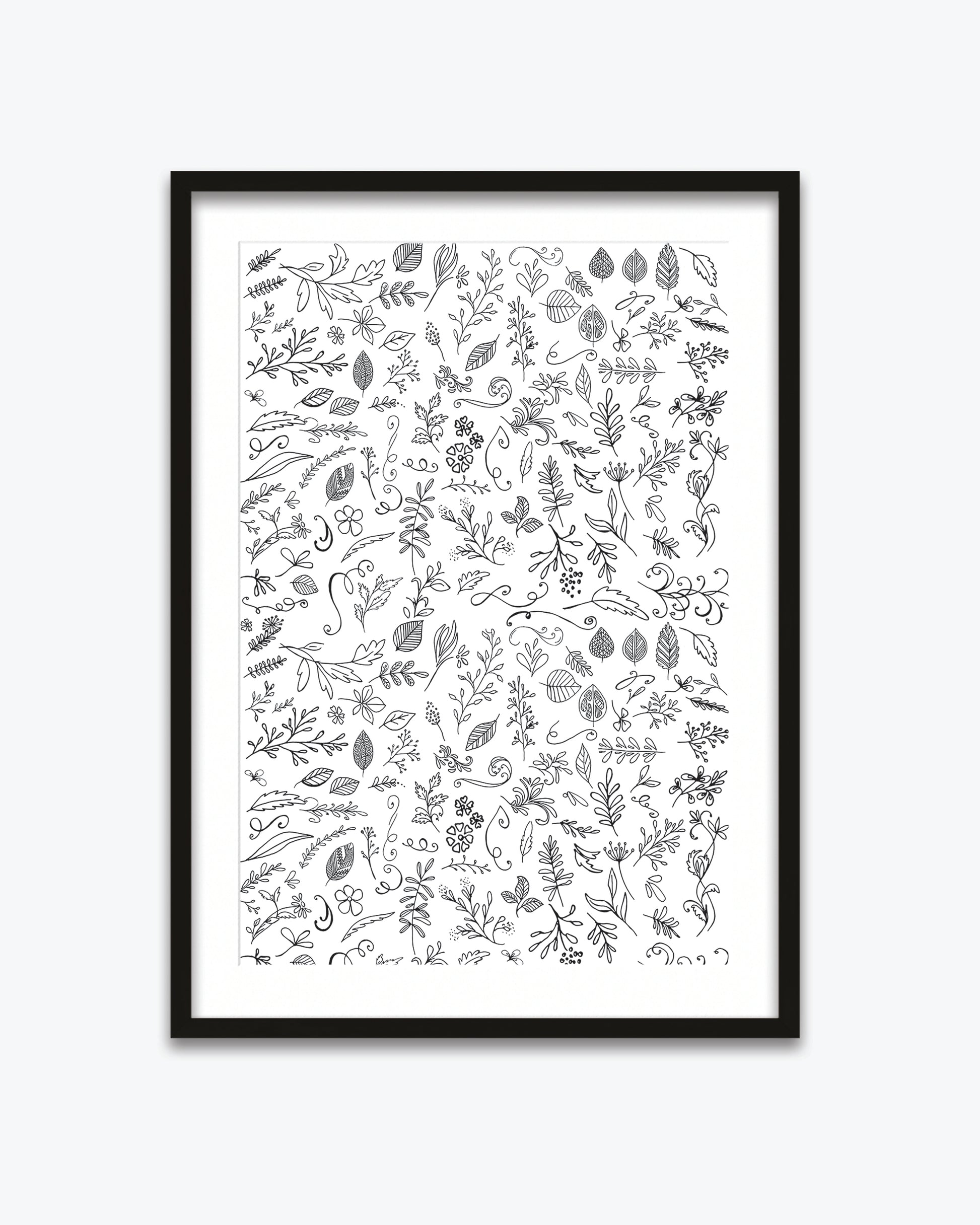 Framed artwork with black and white floral pattern on a white background
