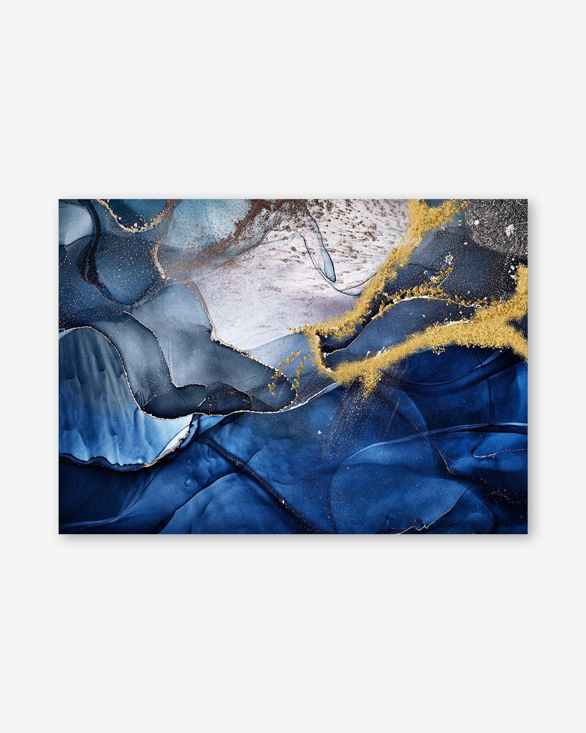 Abstract art piece with blue, gold, and white colors on a white background