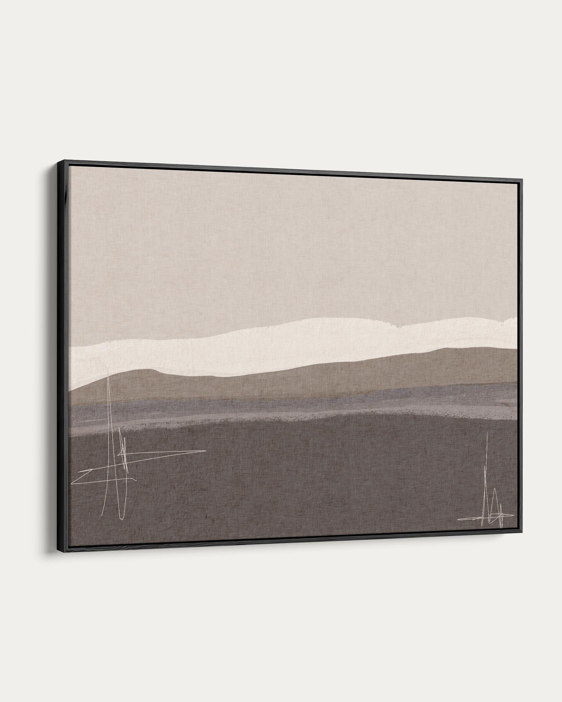 Framed abstract landscape art with neutral tones on a white background