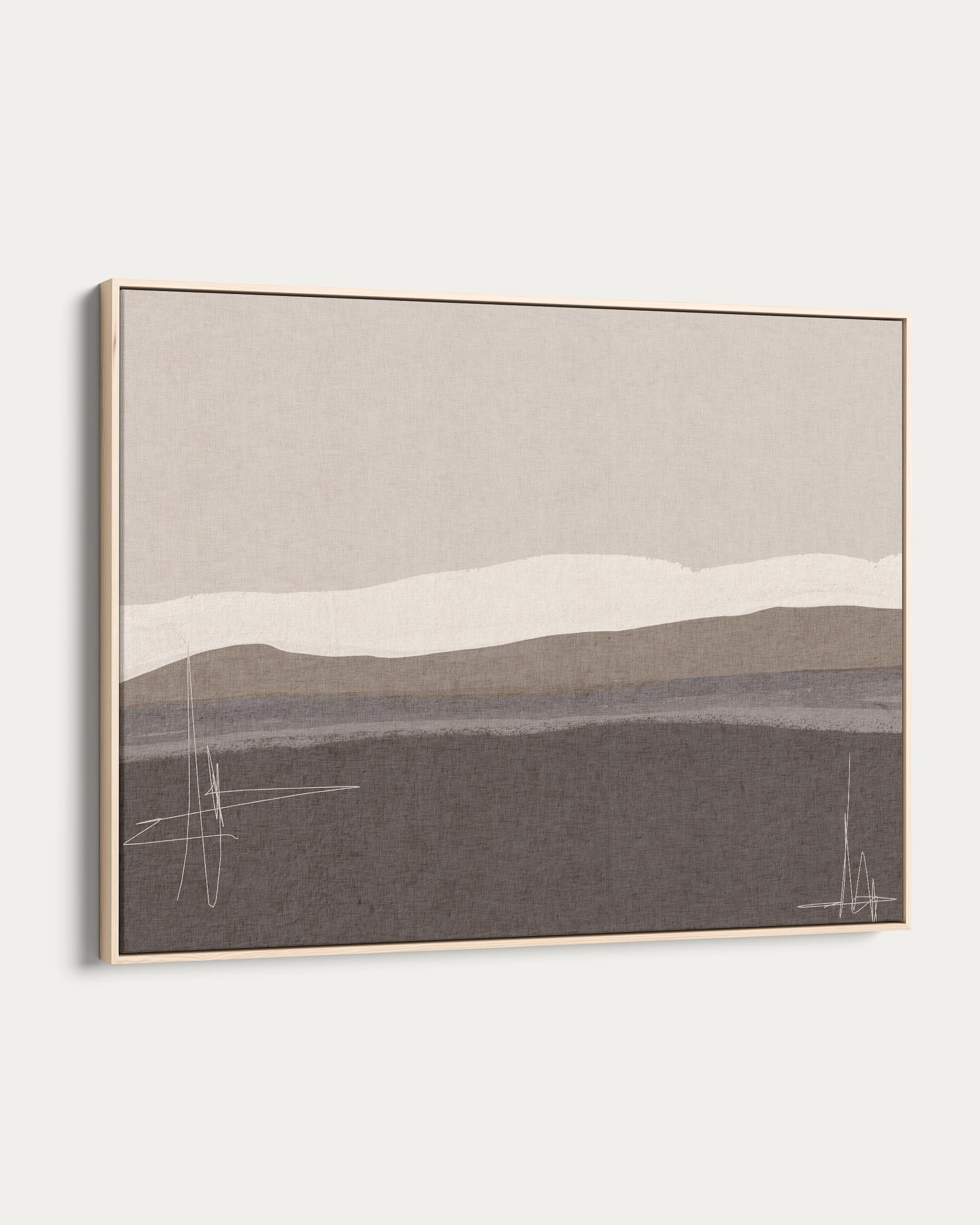 Abstract landscape painting with neutral tones on a white wall