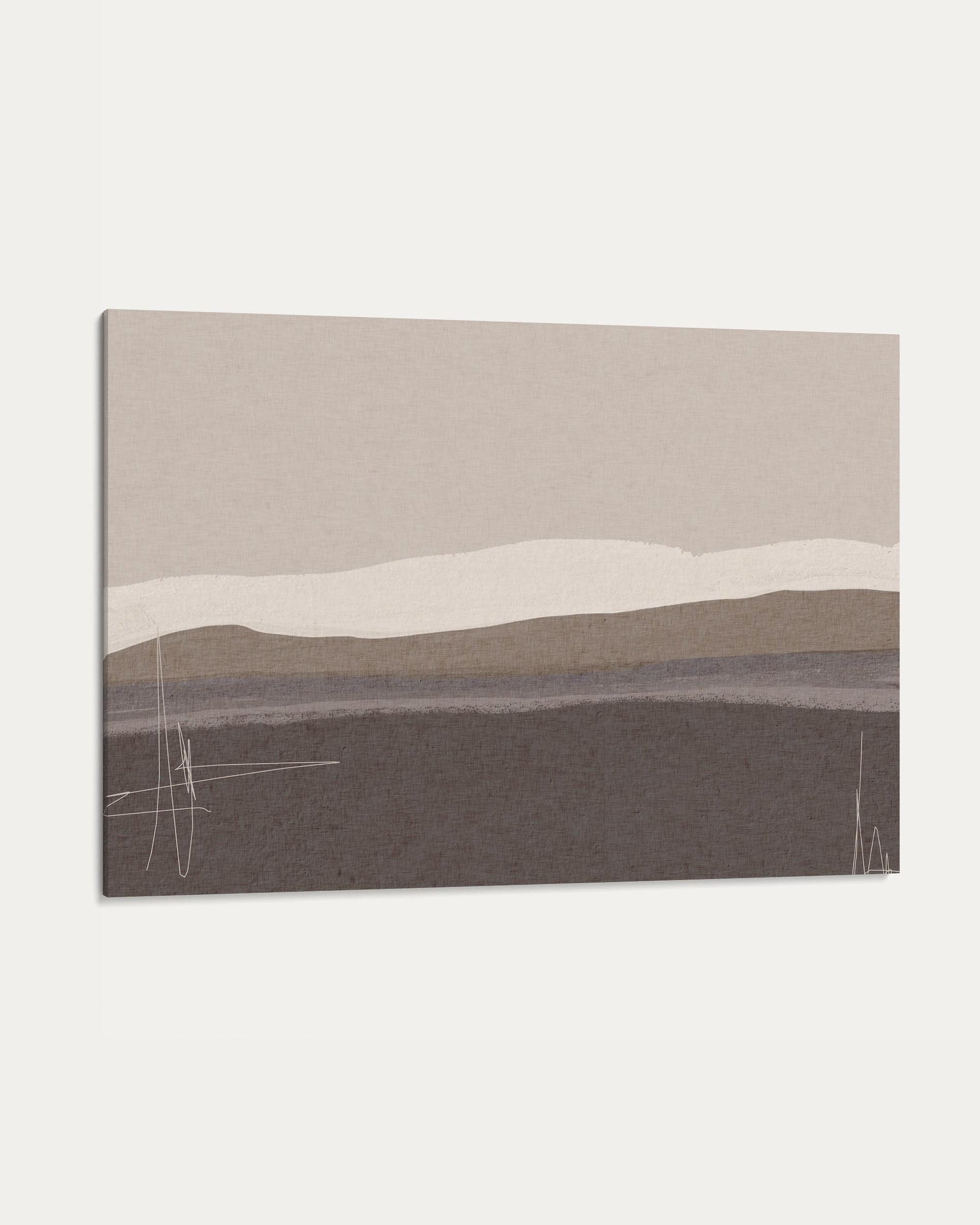 Abstract landscape painting with horizontal stripes in beige, brown, and gray on a white background