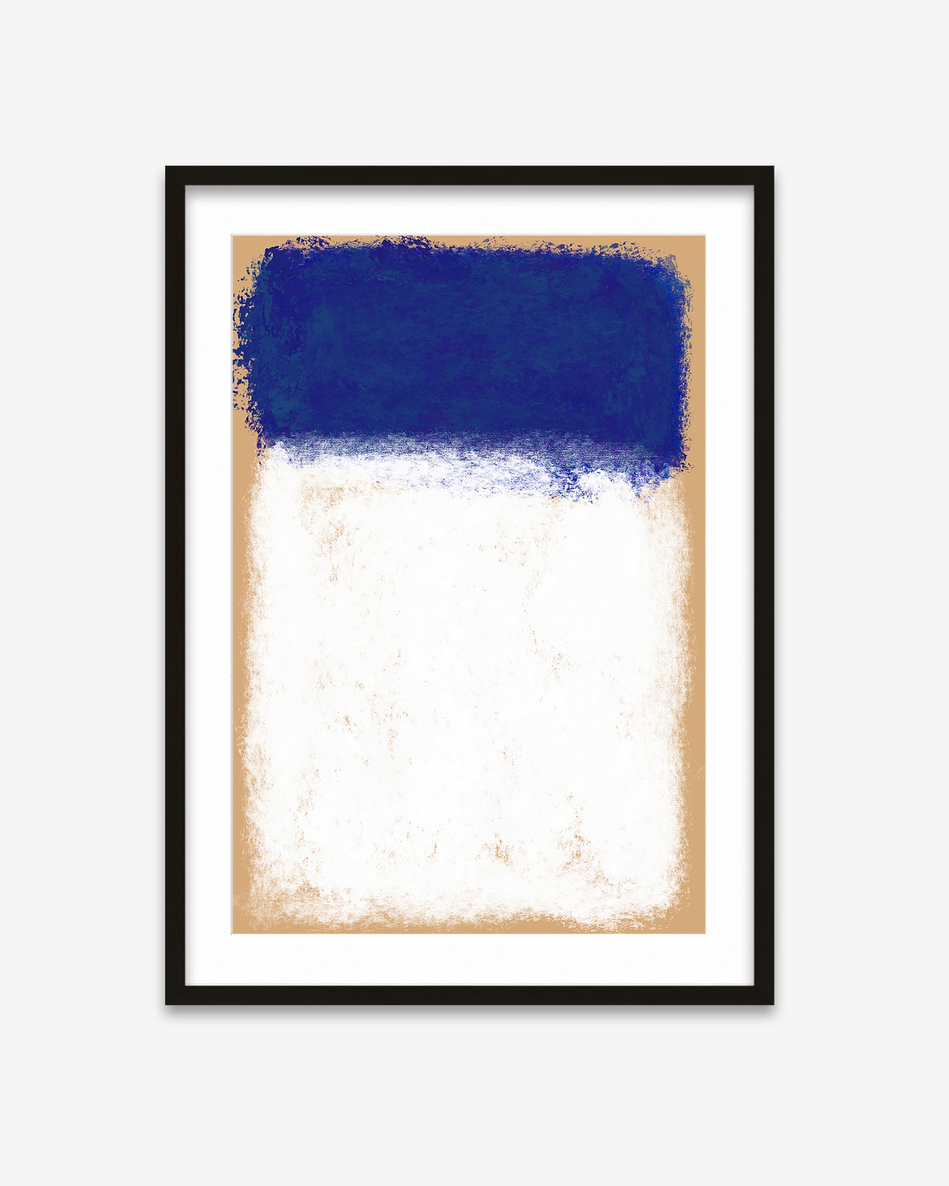 Framed abstract art print with a blue and beige color scheme on a white background