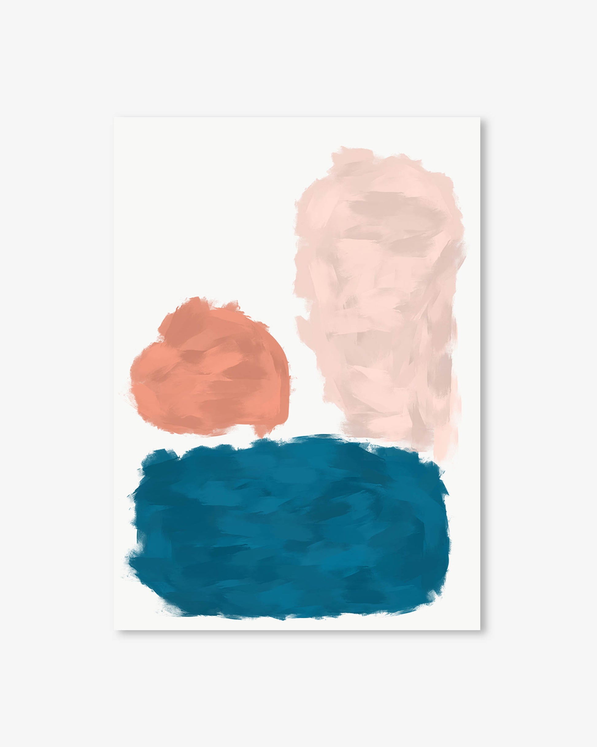 Abstract art print with pink, orange, and blue shapes on a white background