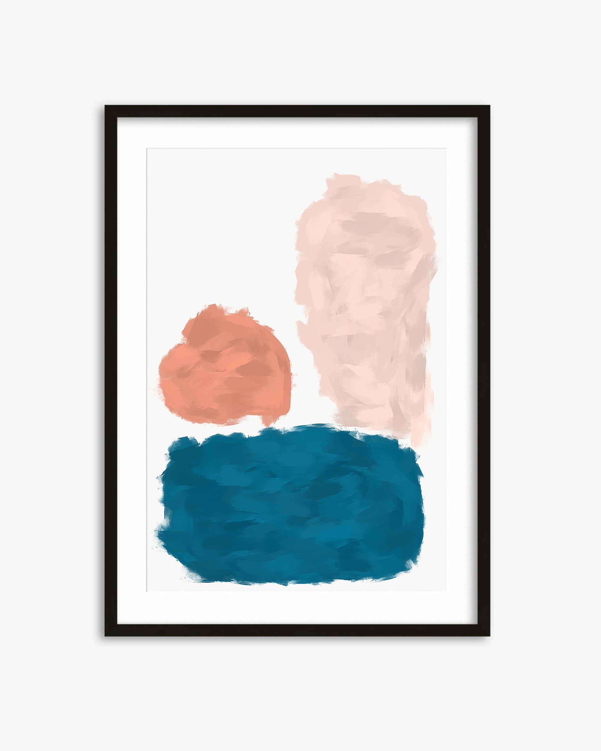 Framed abstract art print with pink and blue shapes on a white background
