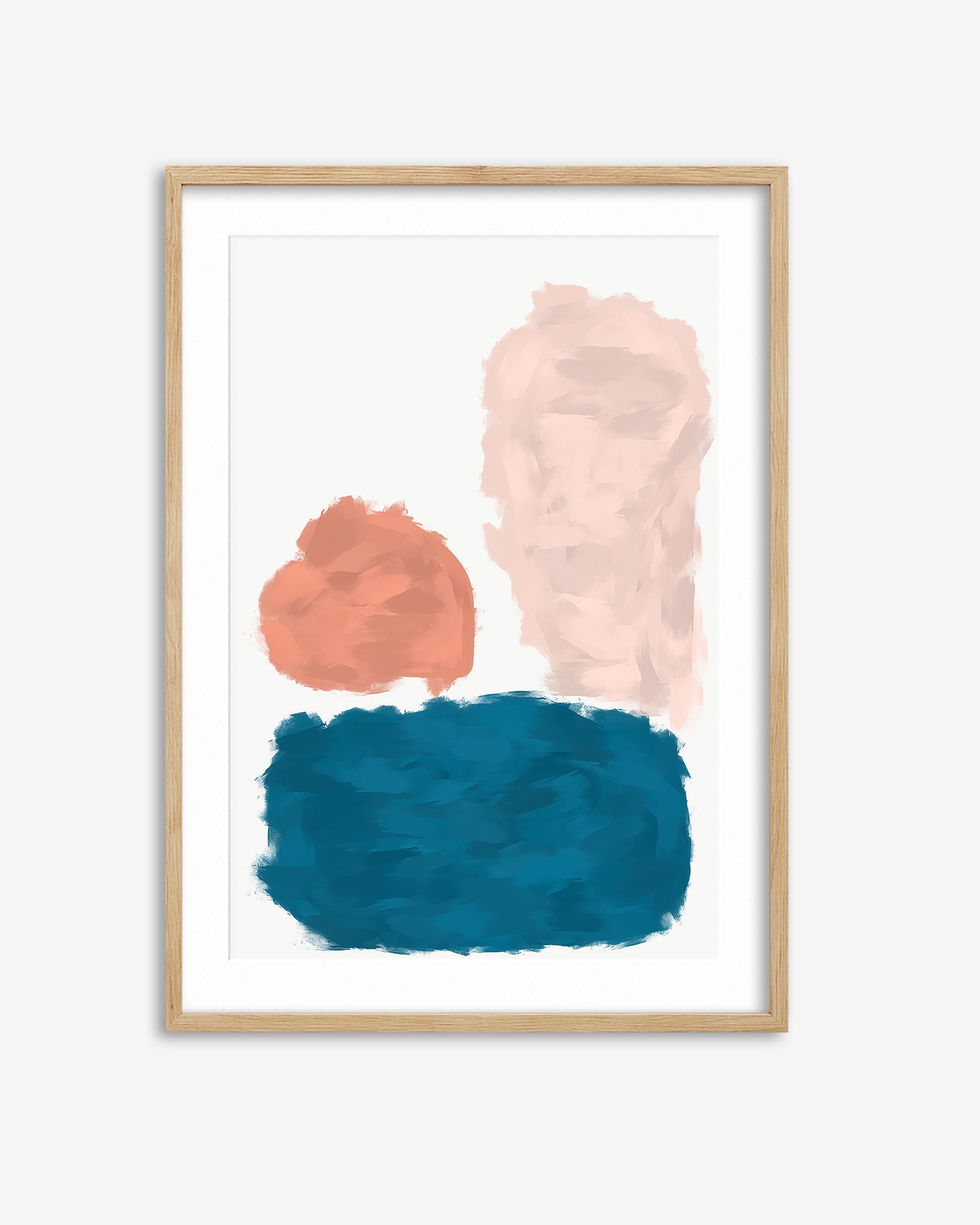 Framed abstract art print with pink and blue shapes on a white background