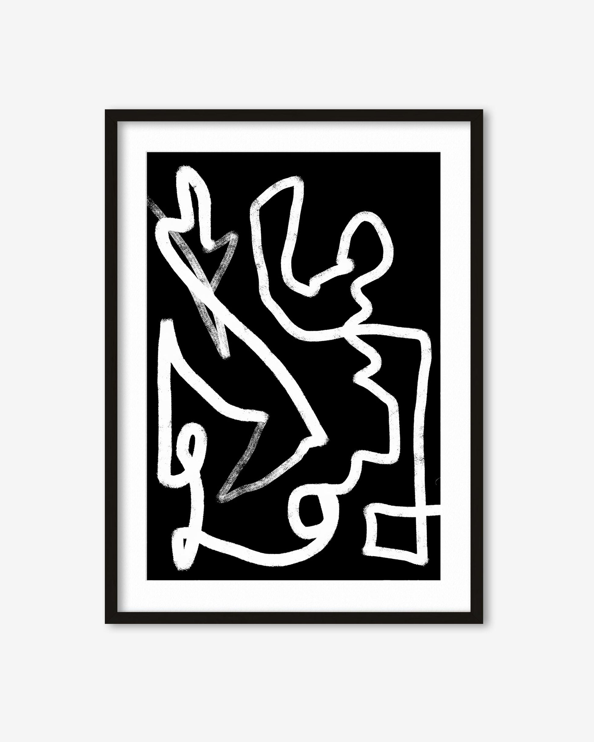 Framed black and white abstract artwork on a white background