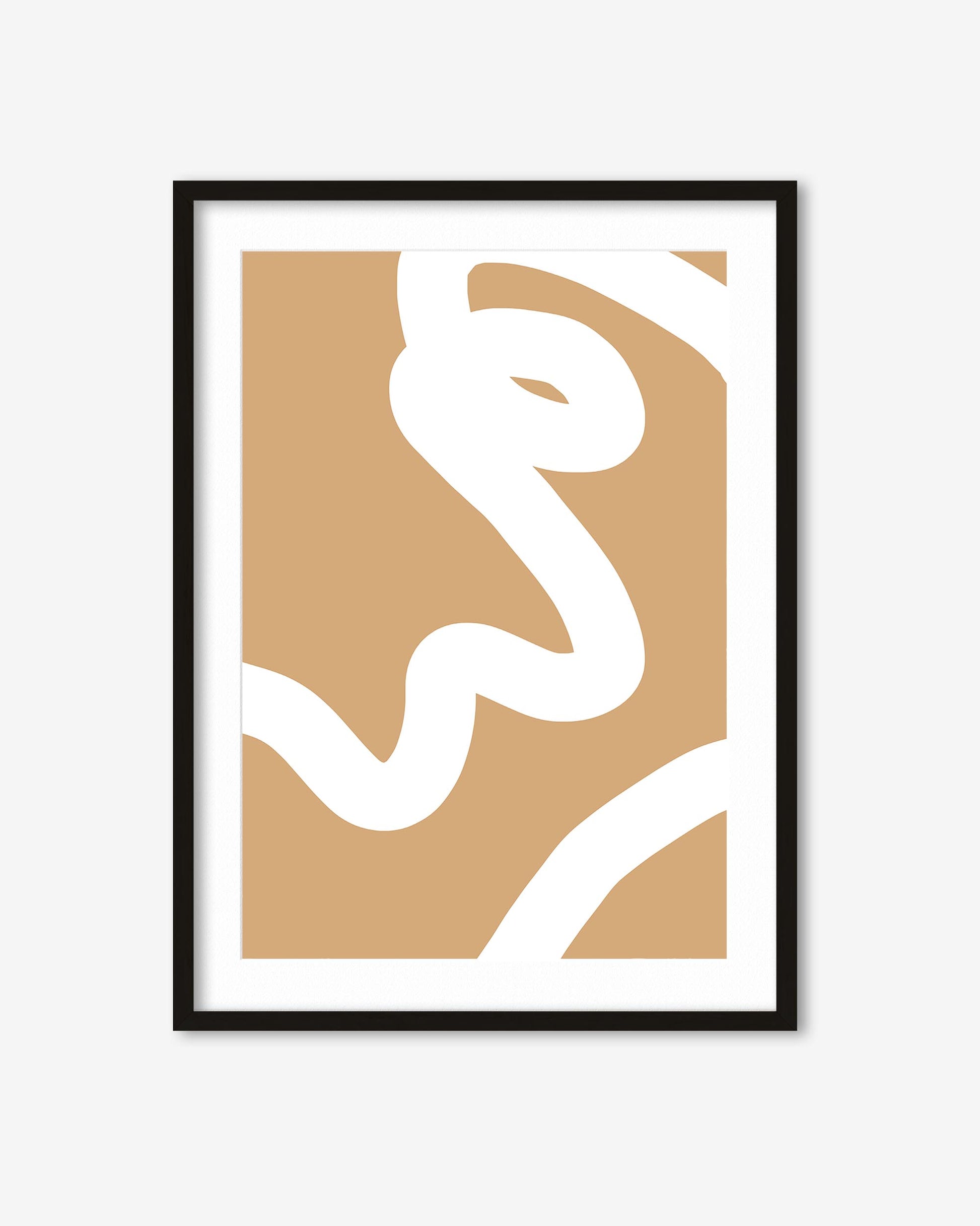 Framed abstract art print with white曲线 on a beige background