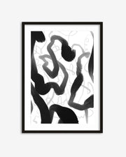 Framed abstract art print with black brush strokes on a white background