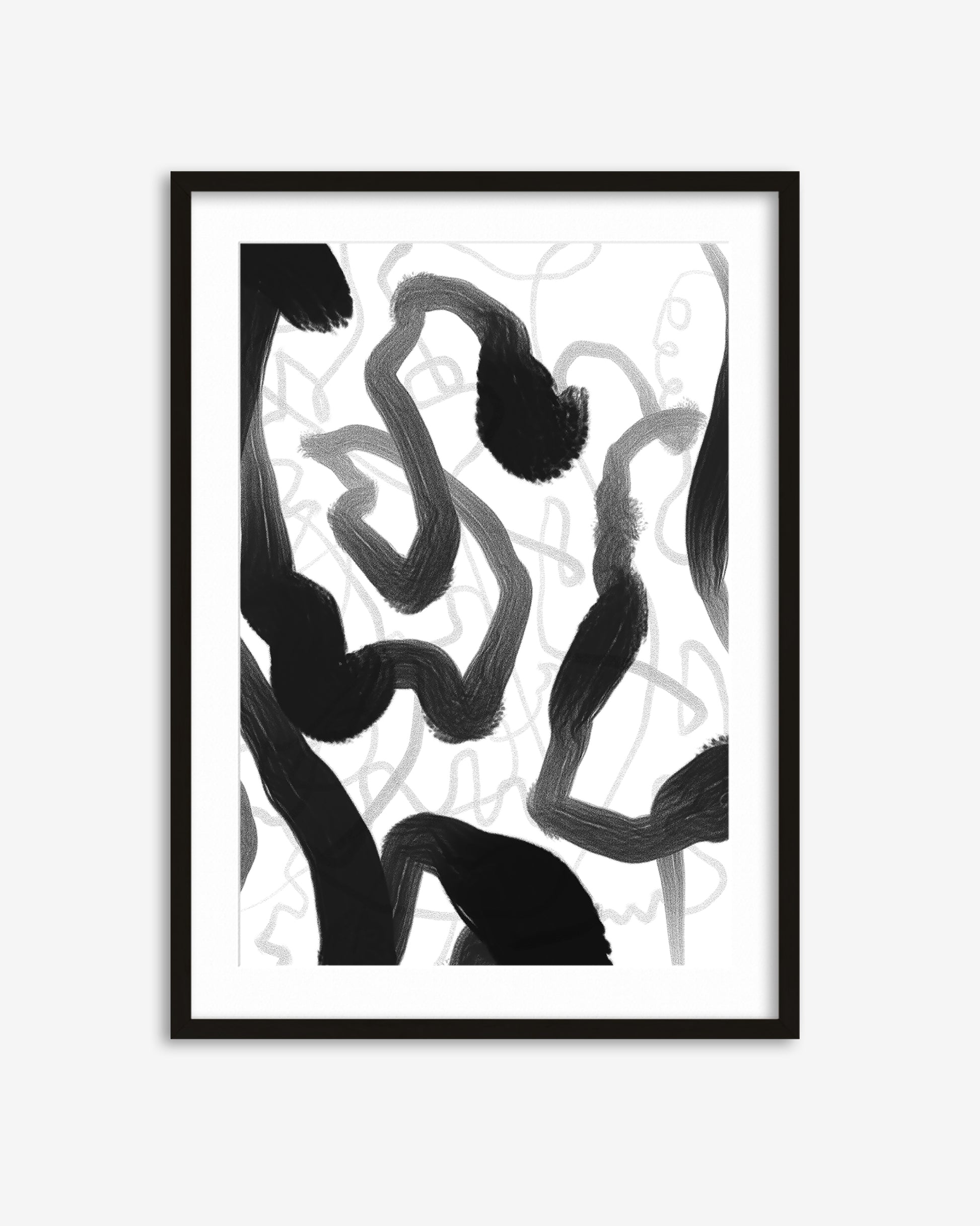 Framed abstract art print with black brush strokes on a white background