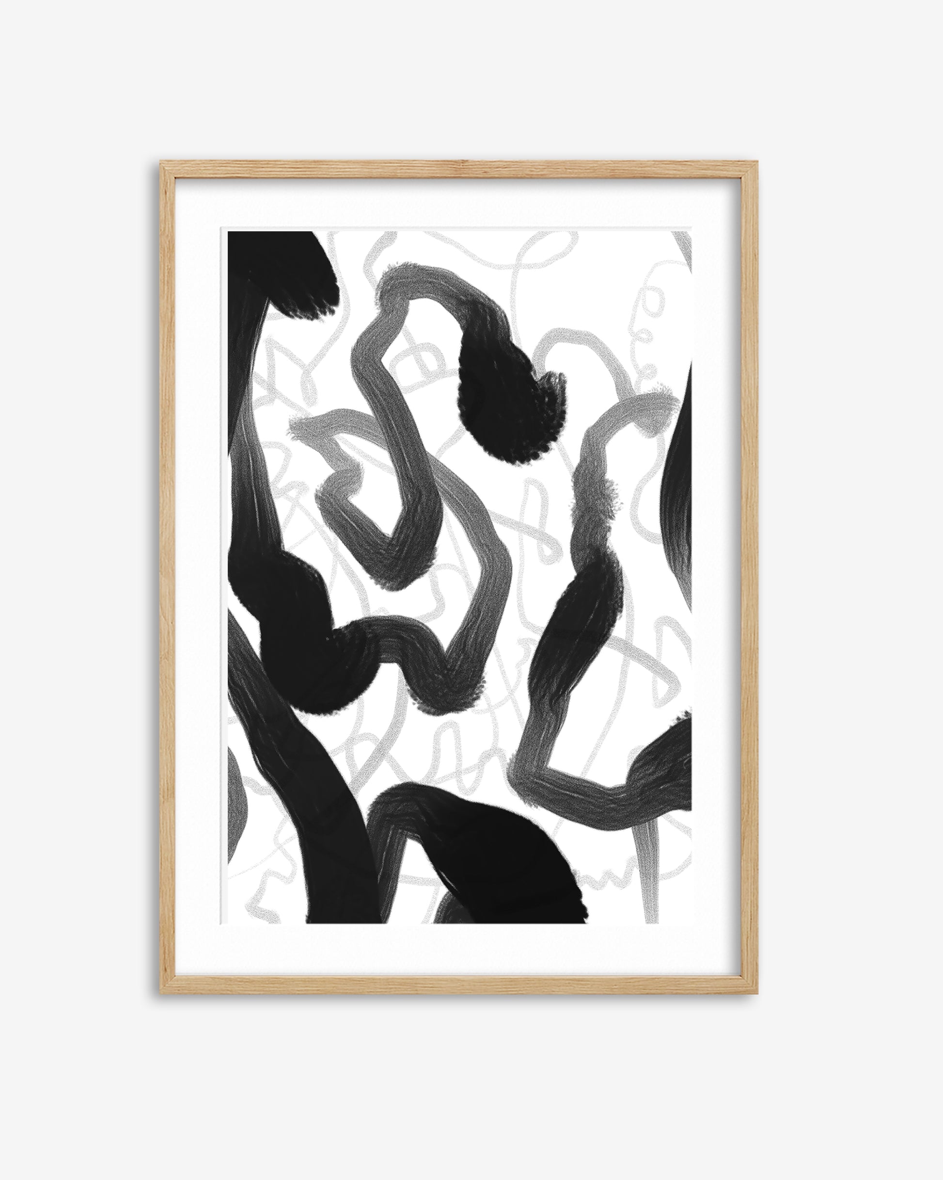 Framed abstract art print with black and white brushstroke design on a light gray background