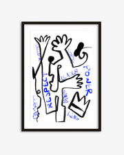 Framed artwork with a stylized figure and motivational text on a white background