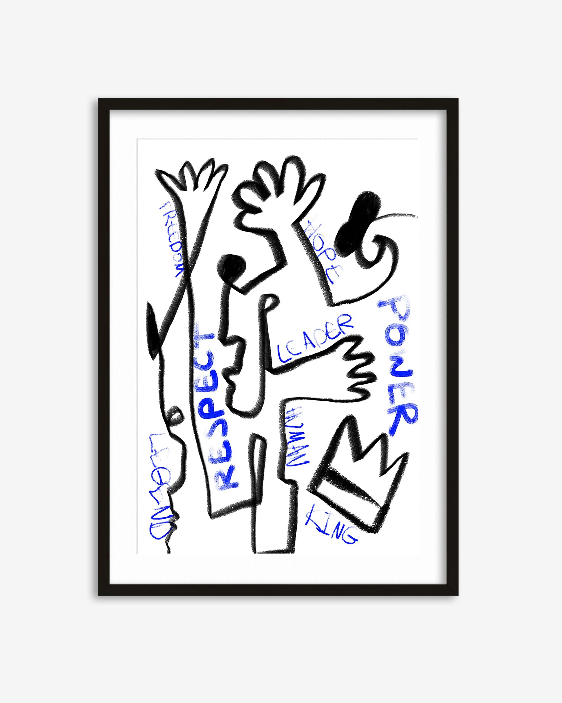 Framed artwork with a stylized figure and motivational text on a white background