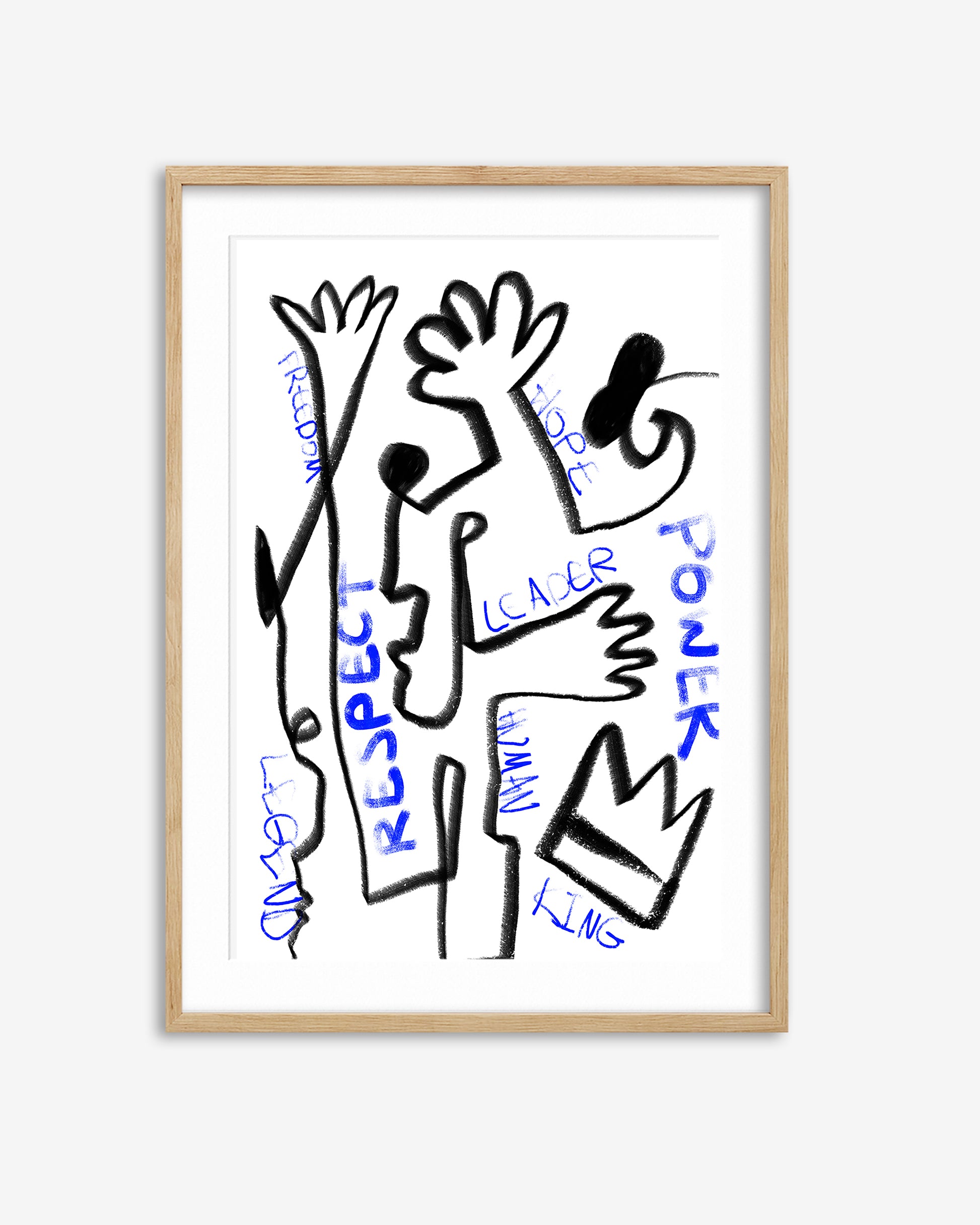 Framed artwork with a stylized figure and text on a white background