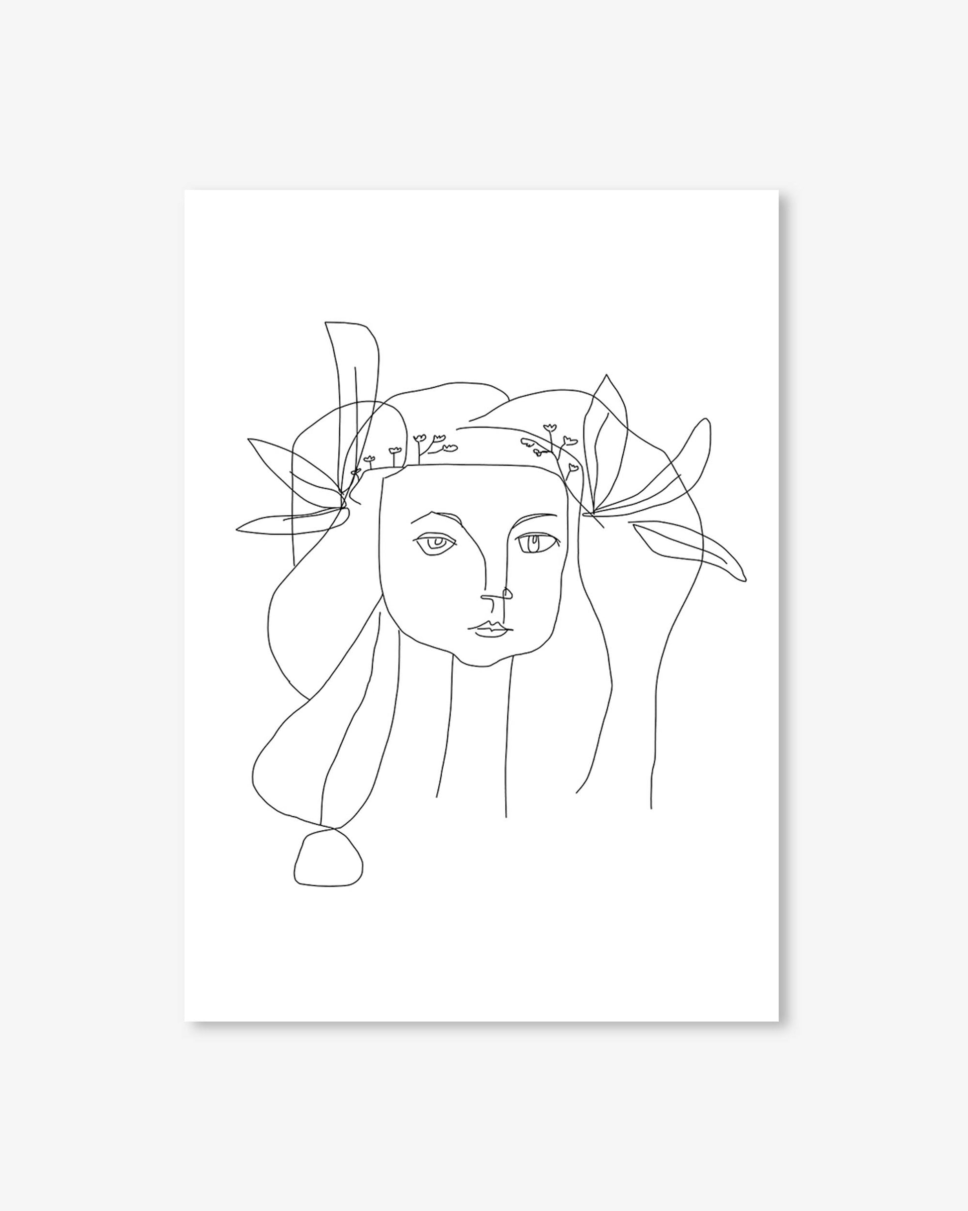 Line art of a woman's face with floral hair accessories on a white background
